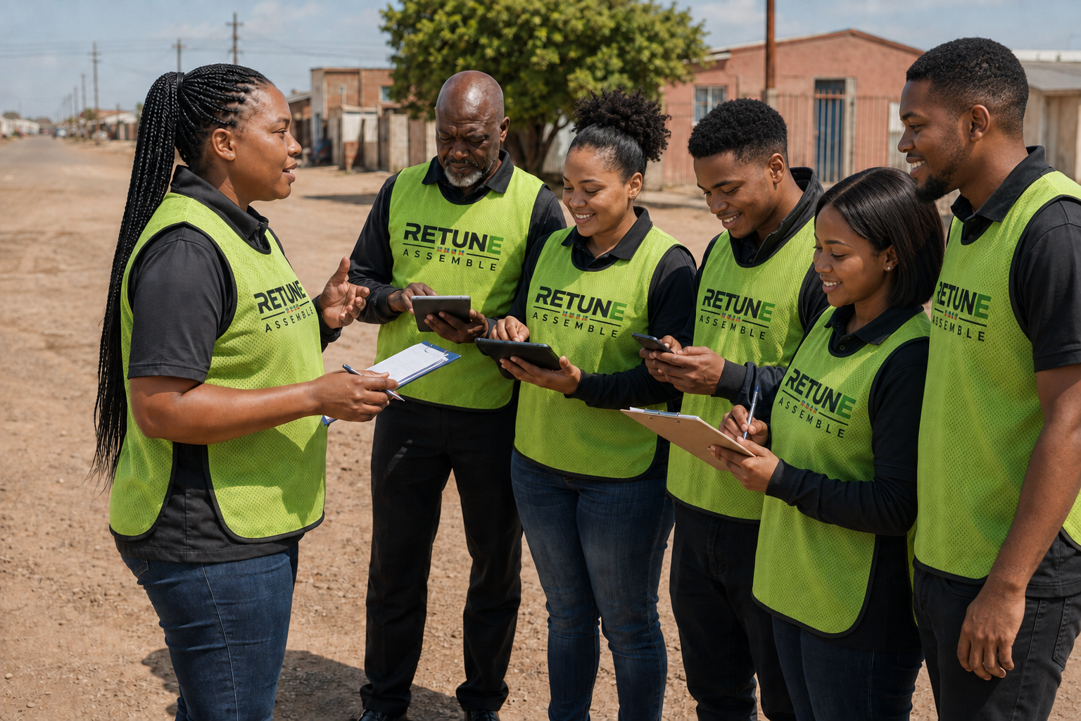 A South African fieldwork team in Retune Assemble bibs being briefed before a community survey